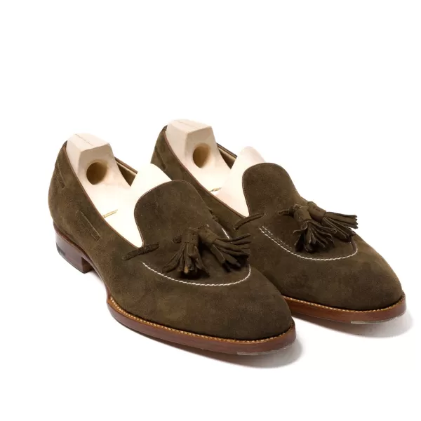 Saint Crispin’s Quasten-Loafer „Kurze-Vamp“ Aus Olivbraunem „Vintage Deer Wildleder“ -* Mto