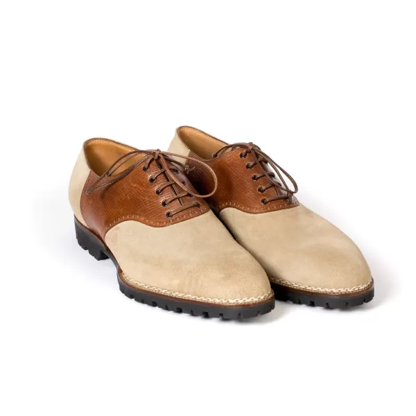 Saint Crispin’s Sandfarbenes „Saddle“ Oxford-Wildleder Mit Braunem Sattel Aus Kalbsleder „Russian Calf“* Mto